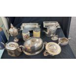 Selection of silver plated items includes trophies, tureens etc