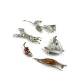 Selection of silver 925 brooches includes Sydney and co, amber etc