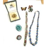 Antique vintage jewellery to include silver butterfly, ruskin brooch, foil beads, micro mosaic etc
