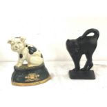 2 Vintage cast iron door stops, includes a pig and a cat
