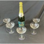 Bottle of Babycham and 5 Babycham glasses