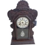 Vintage 2 key hole carved mahogany framed mantle clock with pendulum