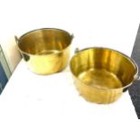 Two brass jam pans largest measures approx 8 inches tall by 15 inches diameter