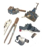 Large selection of assorted tools includes saw, vice etc