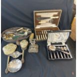 Selection of silver plated ware includes walker and hall cutlery, candle stick etc