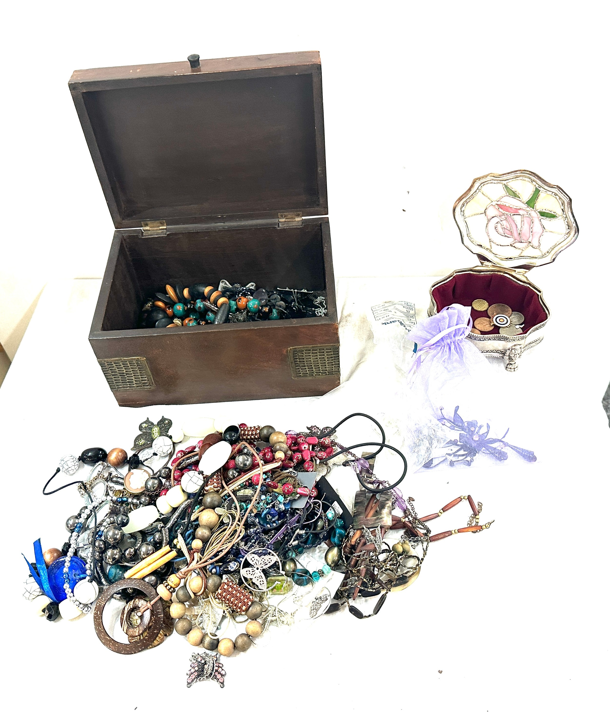 Selection of vintage and alter costume jewellery to include a metal and wooden jewellery box