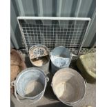 Two galvanised mop buckets, two galvanised buckets and a soil shaker