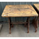 Wood and metal industrial table measures approx 32 inches tall by 32 inches wide and 28 inches deep