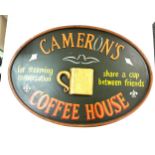 Vintage advertising Camerons coffee house sign, measures approximately 27inches by 19 inches