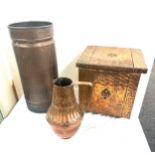3 Pieces of copper ware includes coal box, umbrella stand an a persian jug
