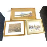 Selection of 2 framed signed paintings and 1 print largest measures 21 inches by 11 inches