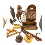 Selection of vintage and later wooden items includes leather horse, gavels, trunchen etc