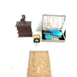 Selection of collectable items includes Carved lockable opening jewellery box, brush set, ronson