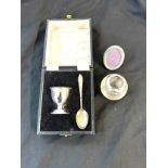 Sterling silver egg cup and spoon, Hallmarks Birmingham 1968, sterling silver frame and match