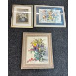 Two framed flower paintings and 1 print, largest measures approximately 26 inches by 22 inches