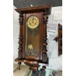 Antique wall hanging 2 key hole clock, with 2 keys and pendulum, untested