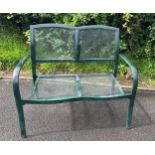 Green metal two seater garden bench measures approx 43 inches wide by 37 inches high and 19 deep