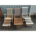 Three teak wooden folding deck chairs- one without the correct foot attachment