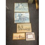 Selection of 5 framed prints includes neil cart wright horse racing, signed boat water colour