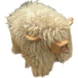 Vintage real sheepskin footstool - highland cow / bull, some damage to the wooden ears,