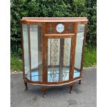 1930s Rivington walnut hand painted oriental glass paneled bow fronted china cabinet measures