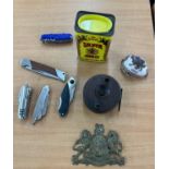 Selection of collectable items includes pocket knifes, fishing reel, advertising tin etc