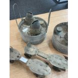 Selection of metal ware includes oil lamps and skates