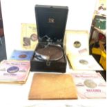 Vintage his master voice gramophone and a selection of records and a signed vocals book