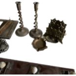 Selection of vintage and later brassware to include candlesticks, horse brasses, coat hooks,