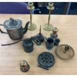 Selection of metal ware includes brass door knobs, viners tea pot etc