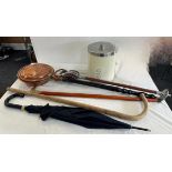 Umbrella 2 walking sticks shooting stick with leather seat copper warming pan and bread bin