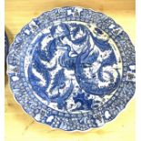 Selection 3 blue and white chargers, largest measures approximately 18 inches in diameter