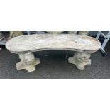 Three piece concrete garden bench measures approx 46 inches wide by 16 inches deep and 15 high