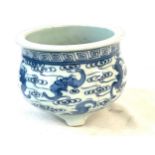 Chinese oriental blue and white 3 legged vase measures approximately 6inches diameter 5 inches tall