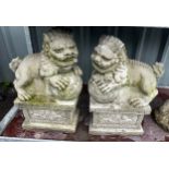 Pair of concrete foo dog outdoor ornaments measures approx 18 inches tall by 11 inches wide