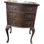 Three drawer mahogany chest on legs measures approx 50 inches wide by 34 inches deep and 75 inches