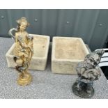 2 Vintage garden pots and 2 figures