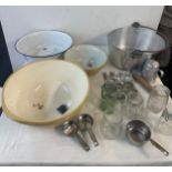 Selection of vintage and later kitchenalia includes jam pan, mixing bowl, sugar shaker etc