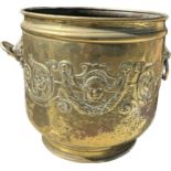 Vintage Brass circular coal bucket, approximate measurements diameter 13 inches, Height 12 inches