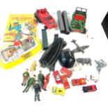 Selection of vintage and later toys includes matchbox, action figures, corgi, animal figures, trains