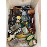 A tray of collectable items includes fountain pens, lighters, vesta, cameo brooches, antique hand