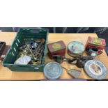 Tray of metalware and tins etc