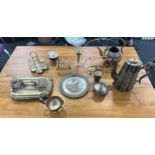 Selection of silver plated items to include an inkwell, tea pot, cruet stand- some pieces marked