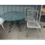 Cast aliminium table and 2 chairs table measures 28 inches tall 39 inches diameter