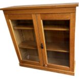 Oak three shelf open glass bookcase with key measures approx 42 inches tall by 42 inches wide