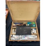 Vintage wooden artist box and contents