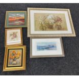 Selection of vintage watercolors, prints and a gilt framed oil on canvas some signed largest