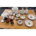Selection of pottery miscellaneous to include lady figures, jug, jewellery box etc