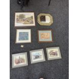 Six framed vintage prints and a gilt framed mirror largest measures approx 23 inches wide
