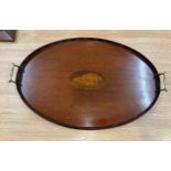 Vintage wood and brass handled serving tray measures approx 14 inches long